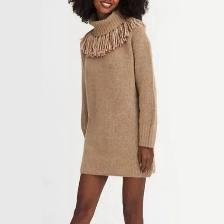 Knit dress for women with high turtleneck and trendy fringes Lune London
