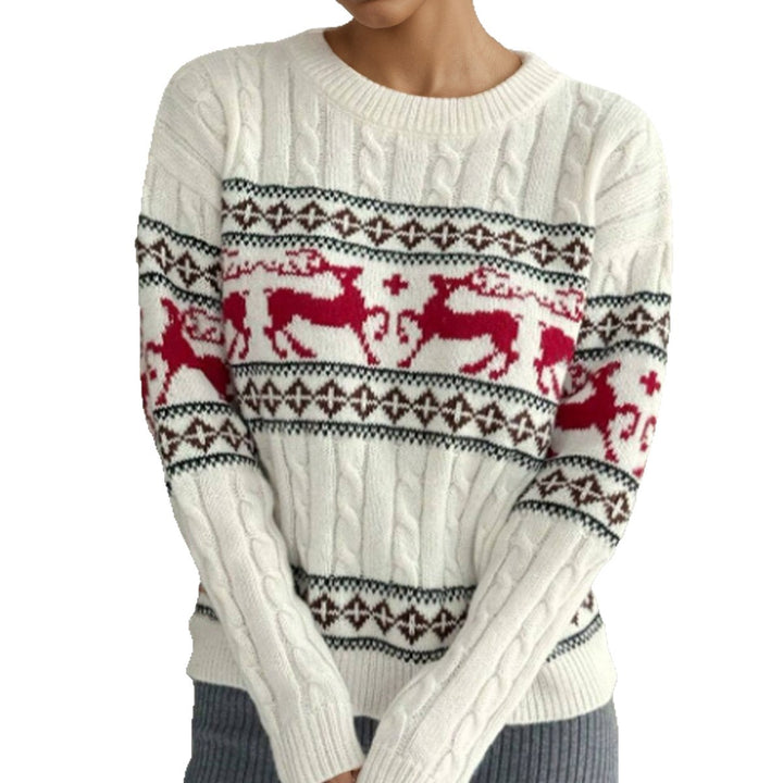 Knitted sweater for women with festive reindeer pattern and luxurious cable pattern Lune London