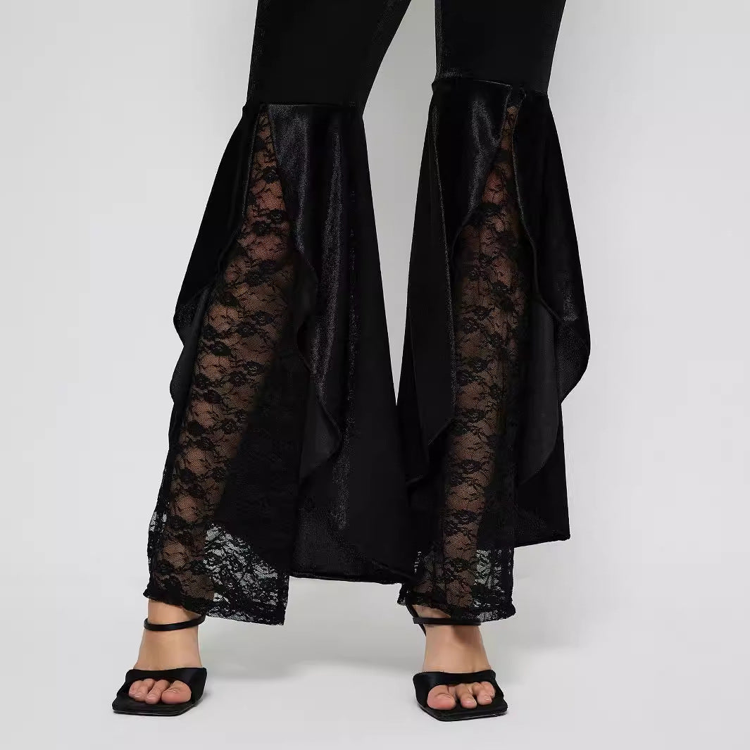 Pantalons palazzo taille haute élégants pour femmes avec inserts en dentelle transparente Chic & Stil