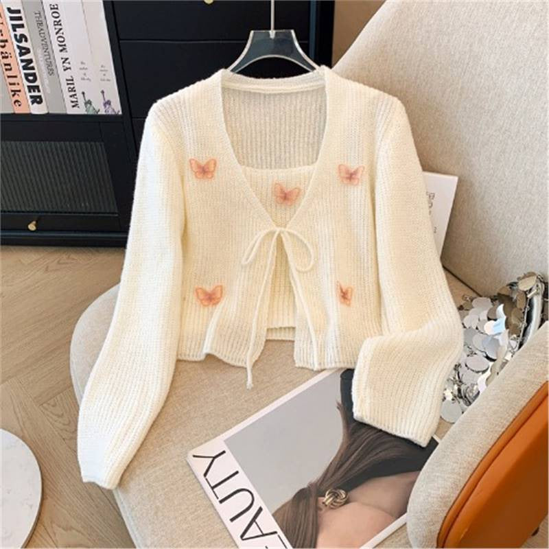 Cropped knit jacket for women with fine butterfly appliqués Lune London