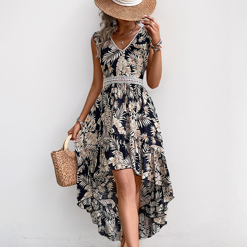 Women Tropical Print High-Low Maxi Dress with Detailed Waist Lune London