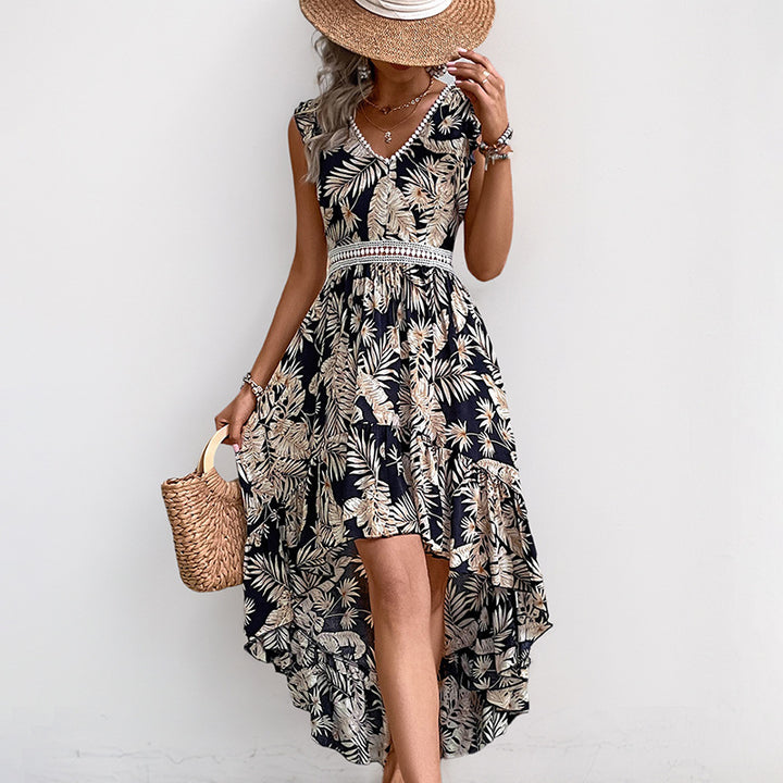 Women Tropical Print High-Low Maxi Dress with Detailed Waist Lune London