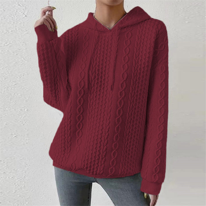 High-quality knit sweater for women with hood and decorative cable pattern Lune London