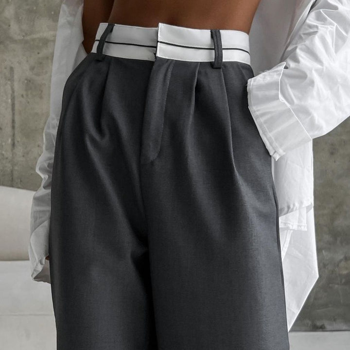 Pantalons larges en tissu pour femmes avec taille élastique et ceinture contrastante Chic & Stil