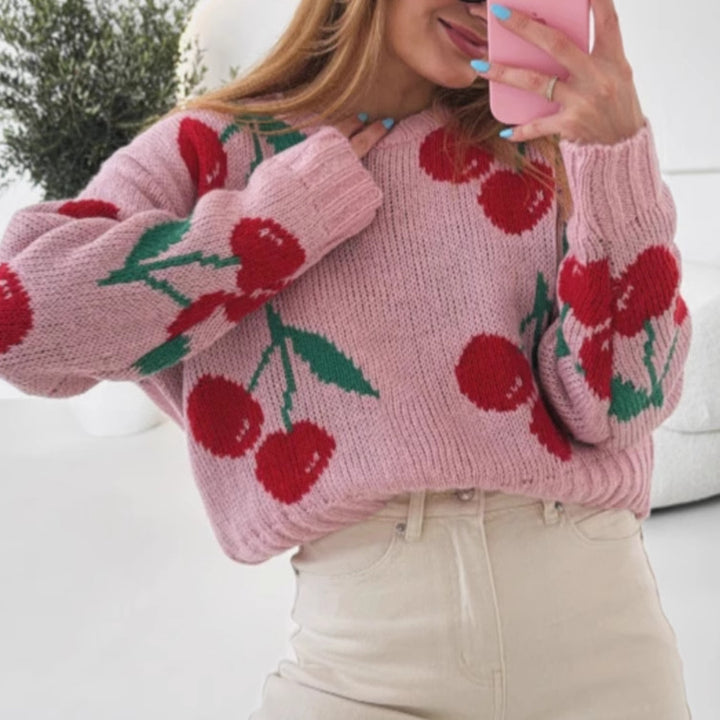 Casual sweater for women with fruity cherry pattern and soft knit Lune London