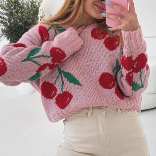 Casual sweater for women with fruity cherry pattern and soft knit Lune London
