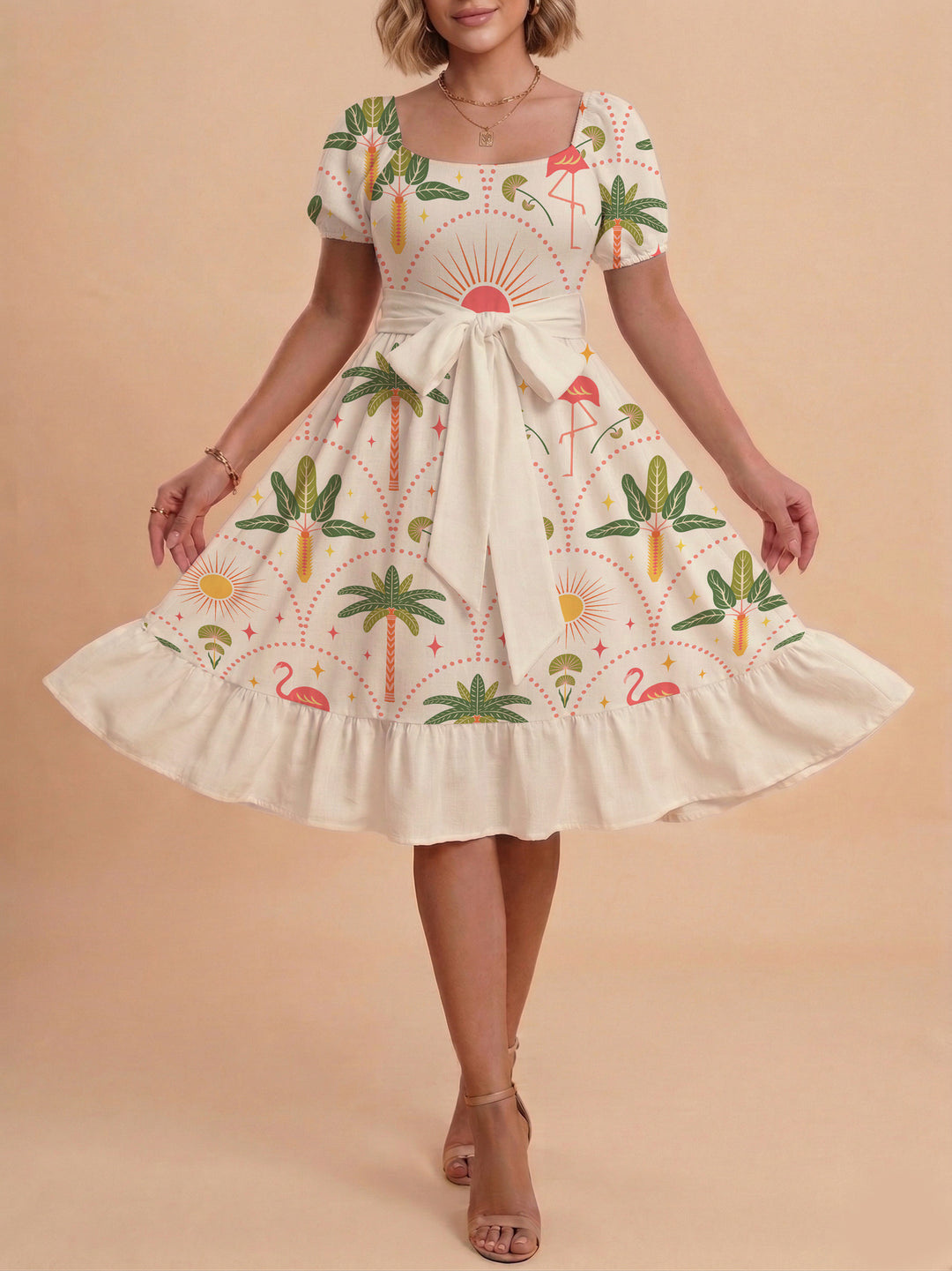 Women A-line dress with floral motifs and adjustable belt Lune London