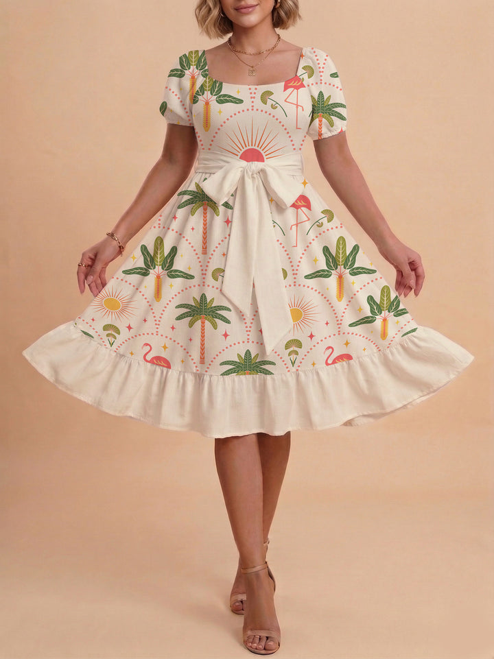 Women A-line dress with floral motifs and adjustable belt Lune London