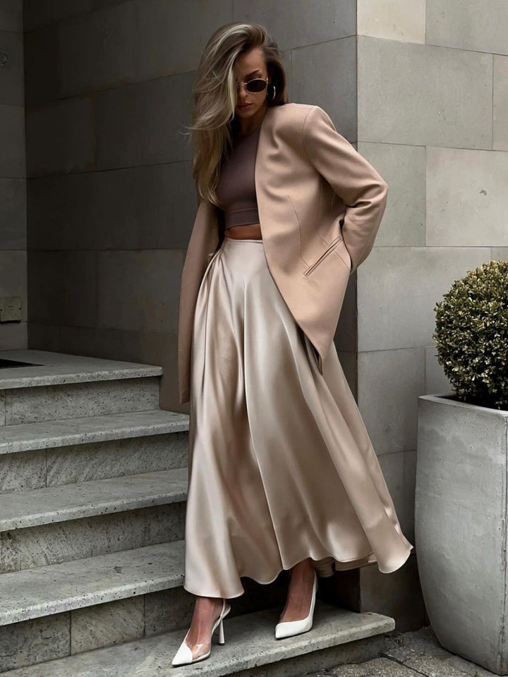 Elegant satin maxi dress for women with flared skirt Lune London