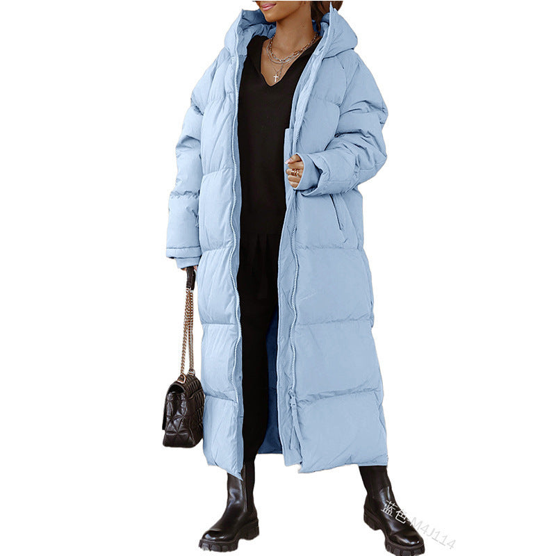 Ladies long padded jacket with hood and practical side pockets Lune London