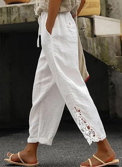 Airy linen trousers for ladies with decorative embroidery Lune London