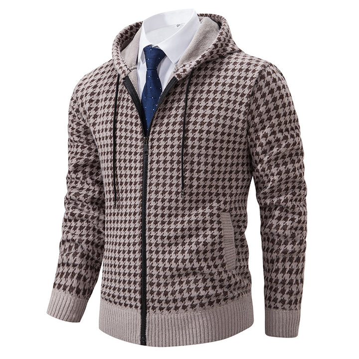 Comfortable knitted sweater for men with a modern check pattern and hood Lune London