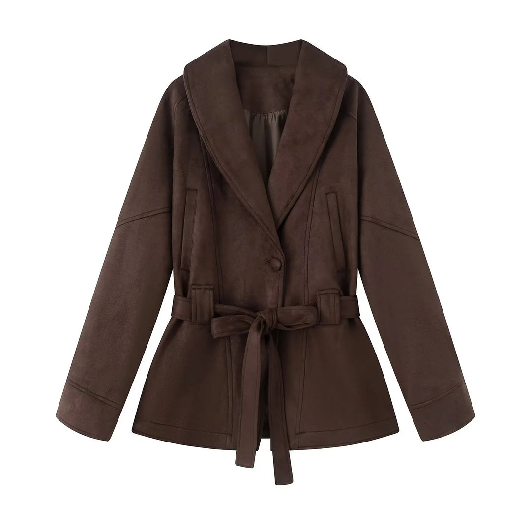 Elegant transitional jacket for ladies with a tie belt and flattering lapels Lune London