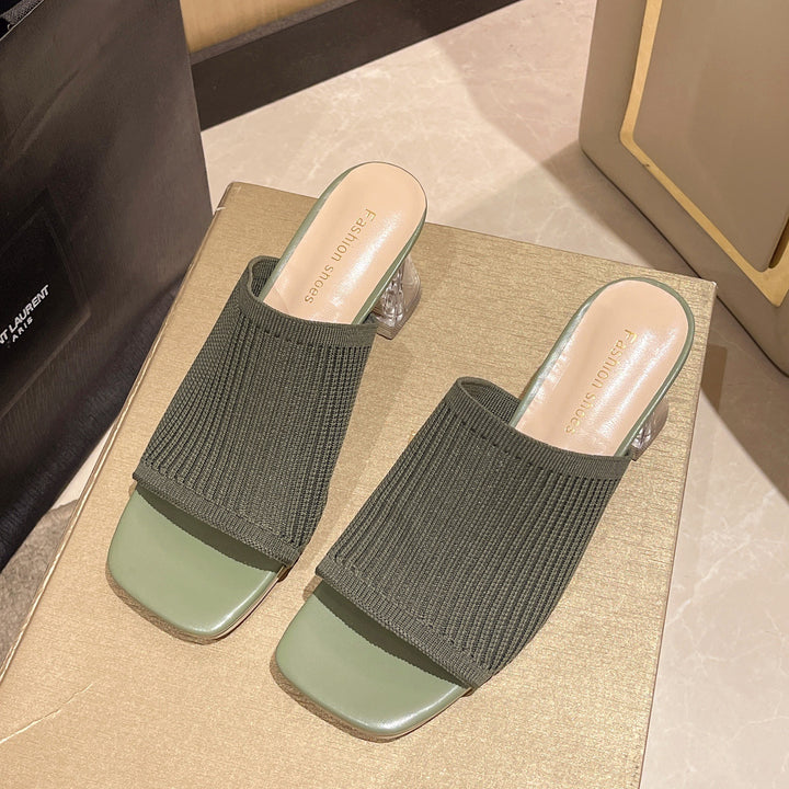 Slide sandals for ladies with an airy ribbing structure and a transparent block heel Lune London