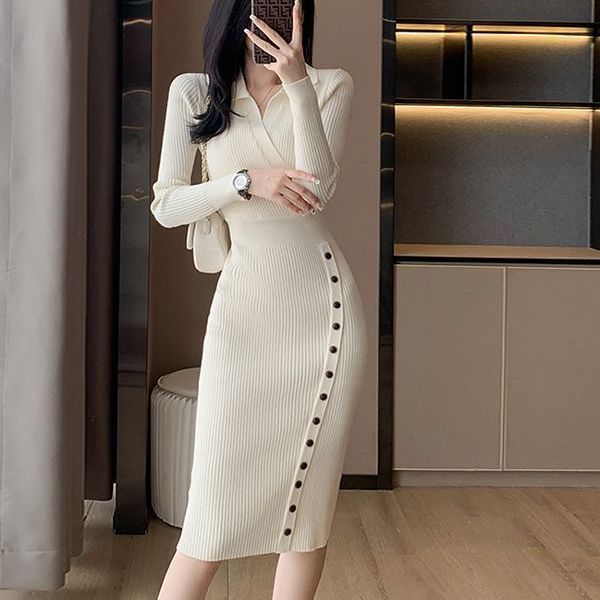 Knit dress for women with asymmetrical collar and decorative buttons Lune London