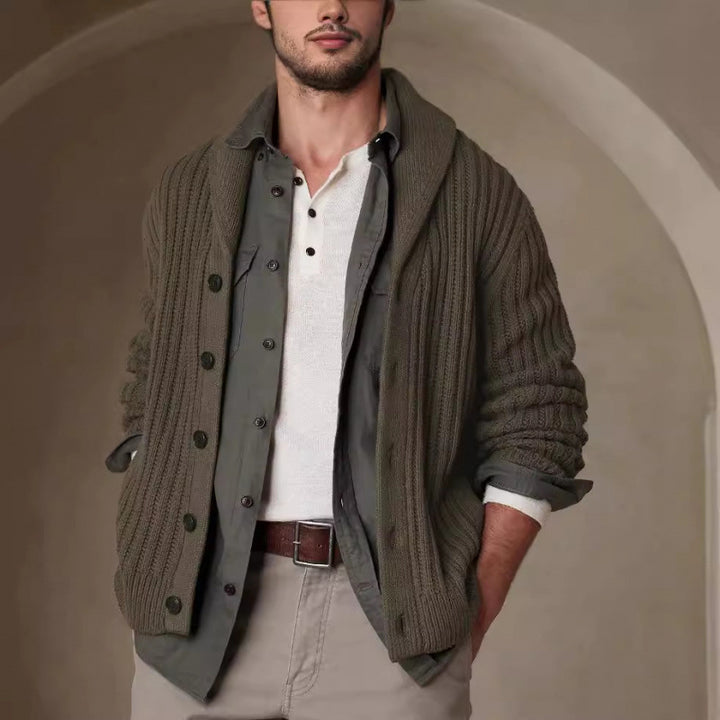 Men's knitted jacket with a modern cable pattern and classic folded collar Lune London