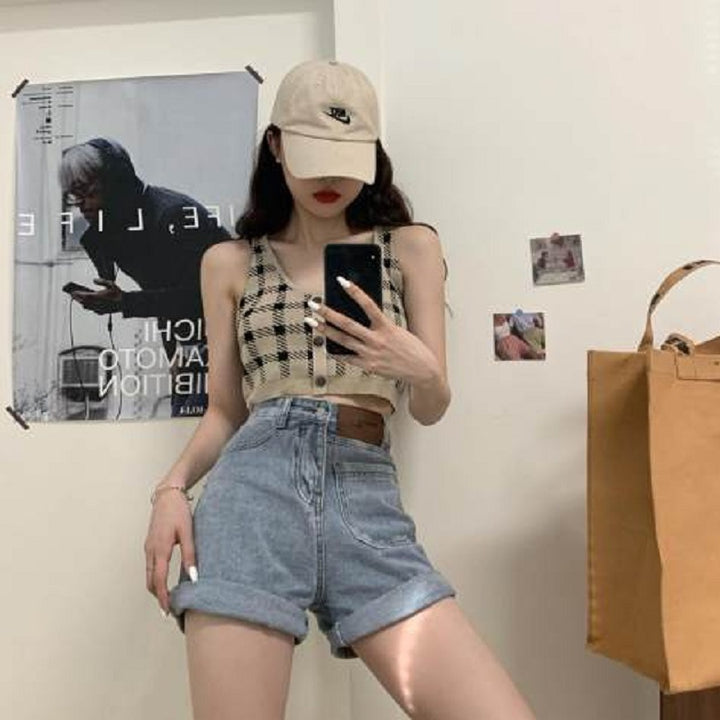 Women's Cropped Top with Check Pattern and Button Detail Lune London