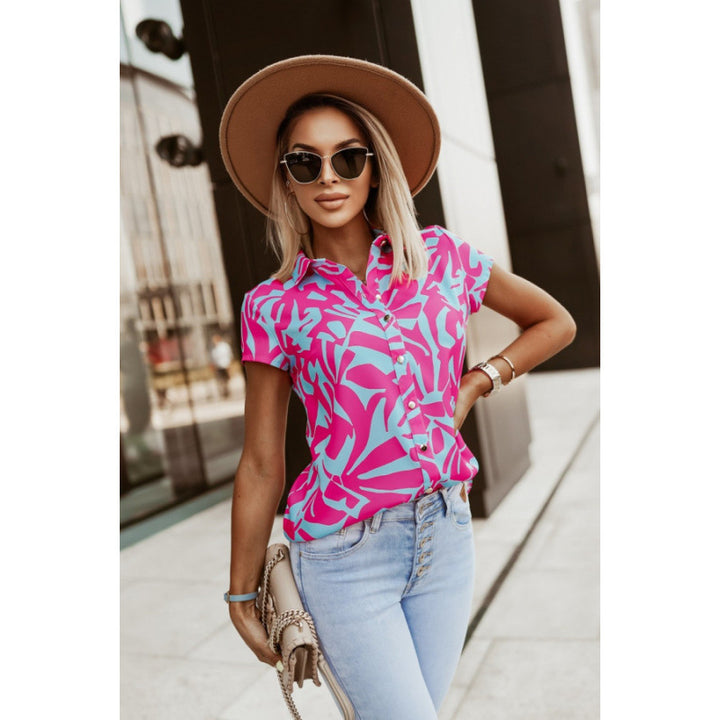 Women Short Sleeve Shirt with Bright Print and Button Placket Lune London