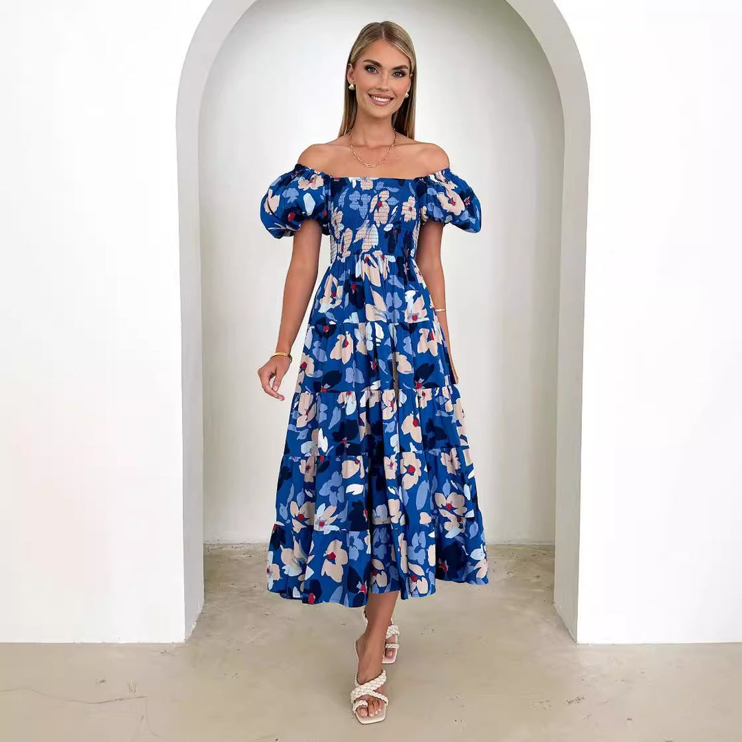 Maxi dress for women with off-shoulder design and voluminous ruffled sleeves Chic & Stil