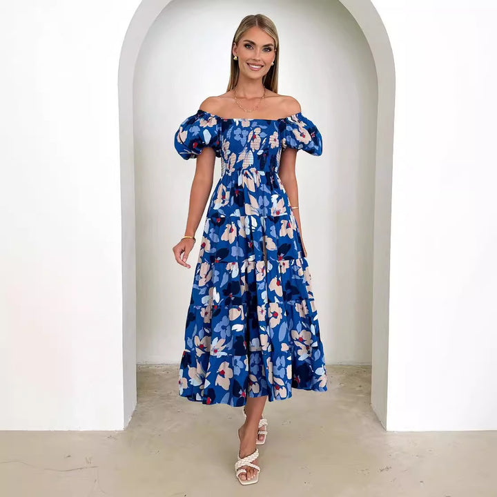 Maxi dress for women with off-shoulder design and voluminous ruffled sleeves Chic & Stil