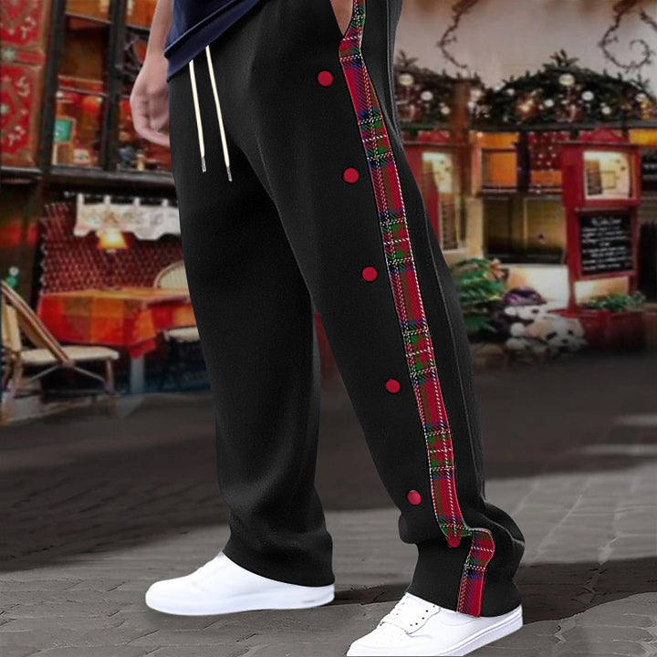 Lune London men's casual sports pants with side buttons and plaid pattern