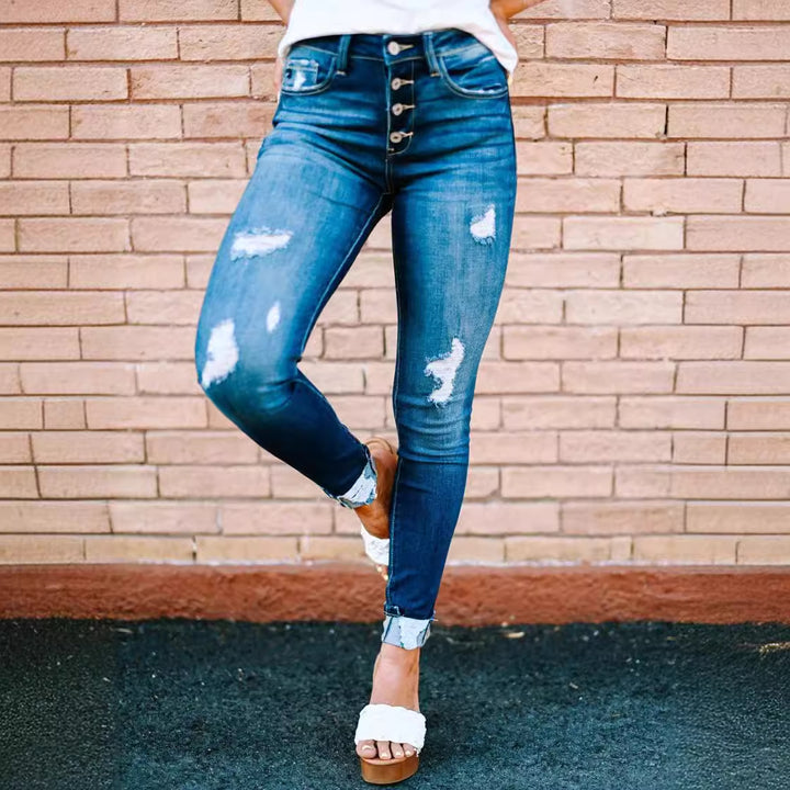 High-waisted skinny jeans for women with frayed hem Lune London