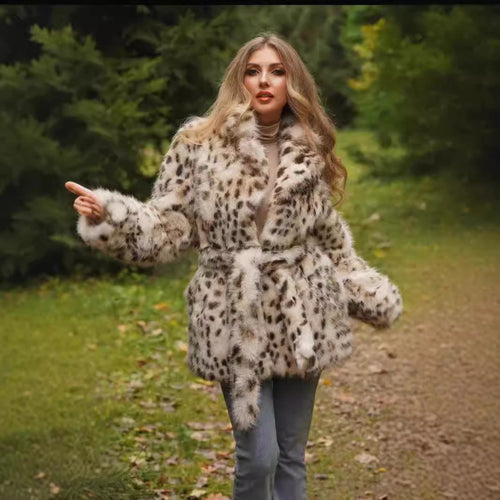 Elegant faux fur coat for women with belt and leopard print Lune London