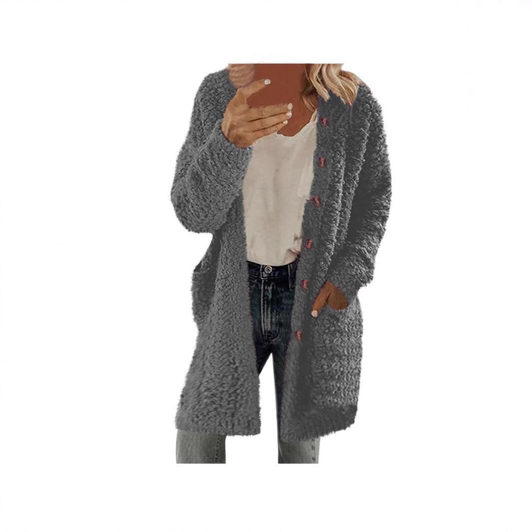 Ladies Long Plush Jacket with Button Detail Lune London