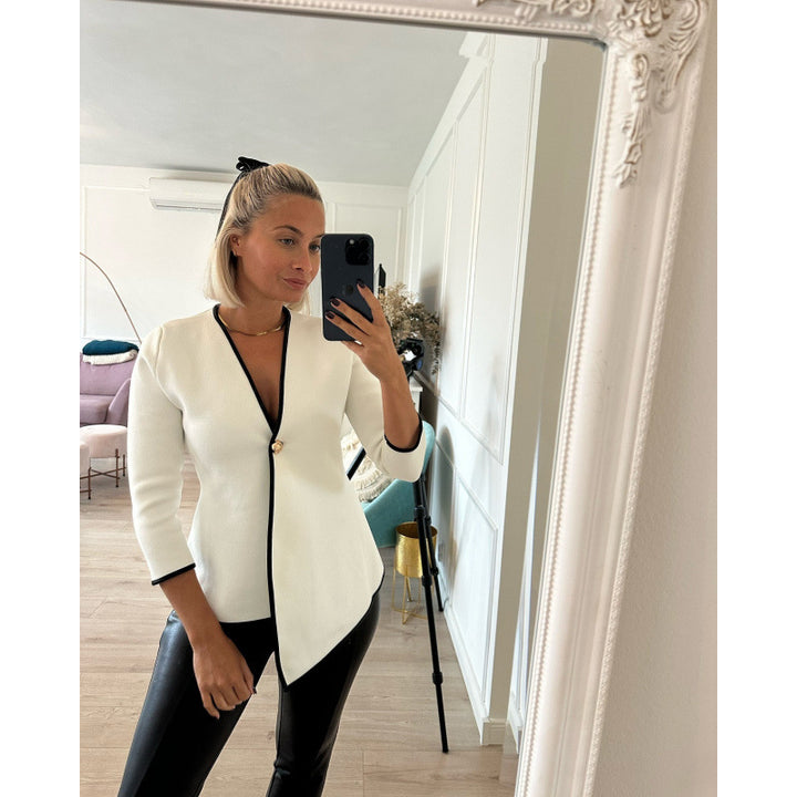 Elegant women's jacket with asymmetric cut and metallic button Lune London
