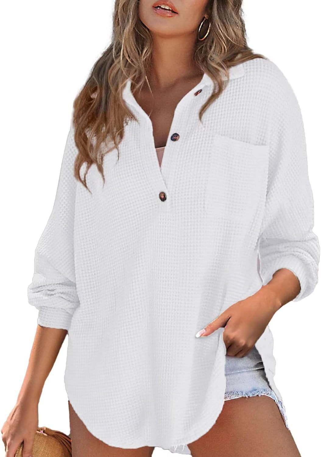 Women's casual ribbed knit top with button placket Lune London