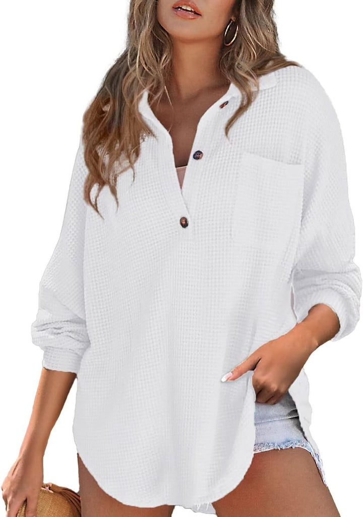 Women's casual ribbed knit top with button placket Lune London