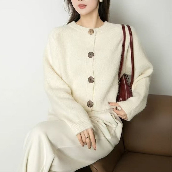 Ladies comfortable cardigan with large buttons and a high collar Lune London