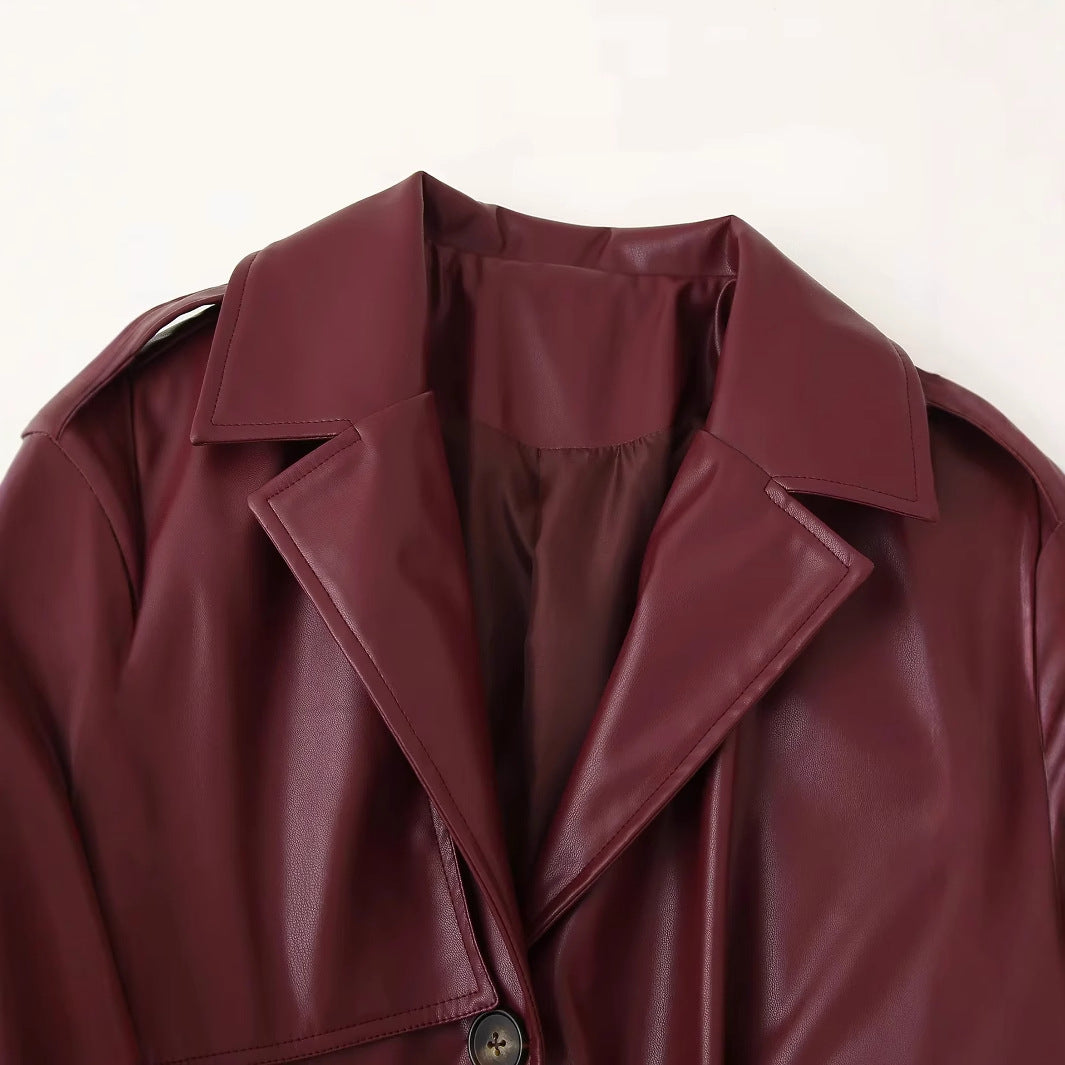 Elegant synthetic leather trench coat for women with belt Lune London