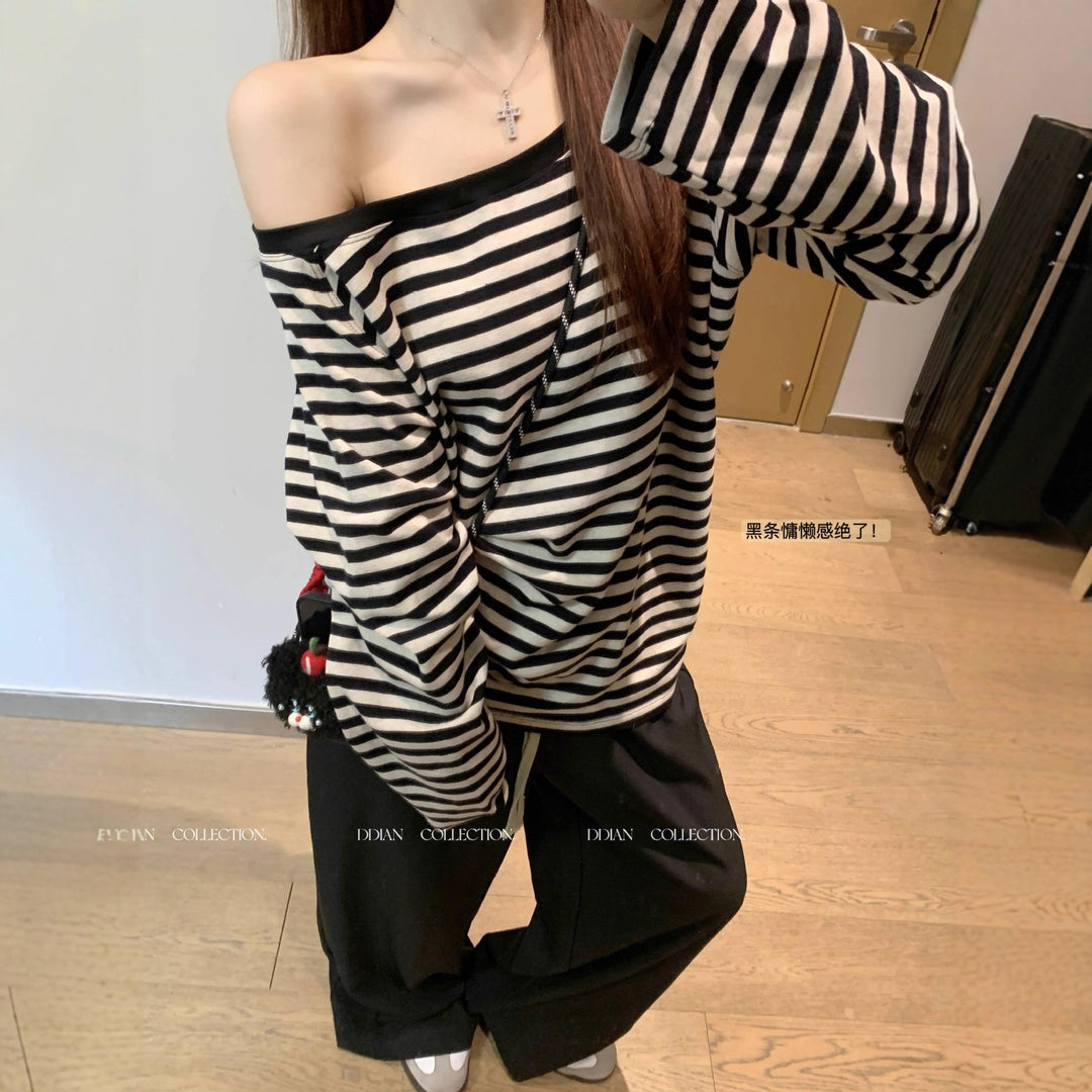 Women's casual oversized off-shoulder long sleeve shirt with striped pattern Chic & Stil