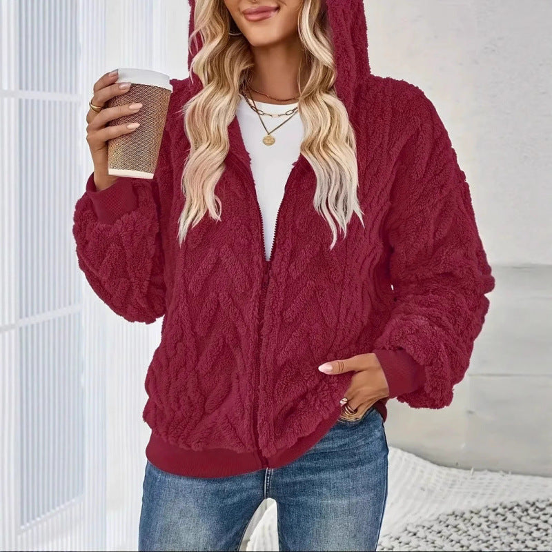 Ladies Cozy Fleece Jacket with High Collar and Chic Knit Pattern
