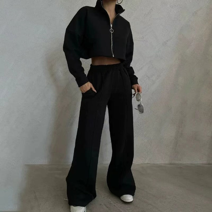 Chic and stylish cropped sporty sweater for women with high collar