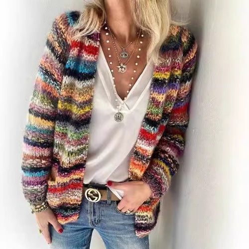Ladies open cardigan knitted with colorful stripes and a relaxed fit Lune London