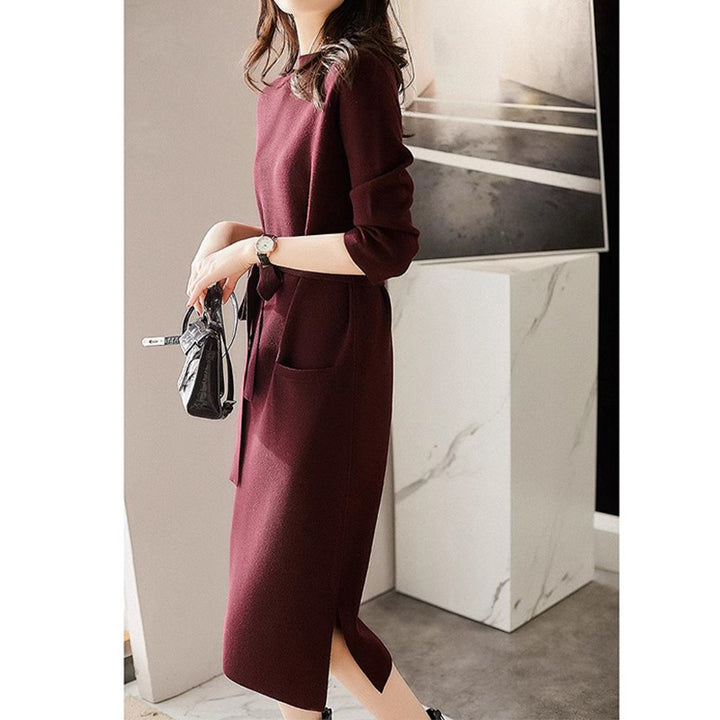 Elegant knitted midi dress for women with belted waist Lune London