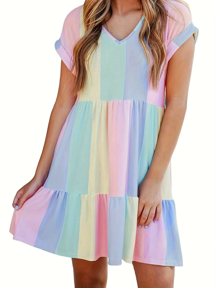 Casual summer dress for women with a modern striped design, featuring a V-neck and ruffles Lune London