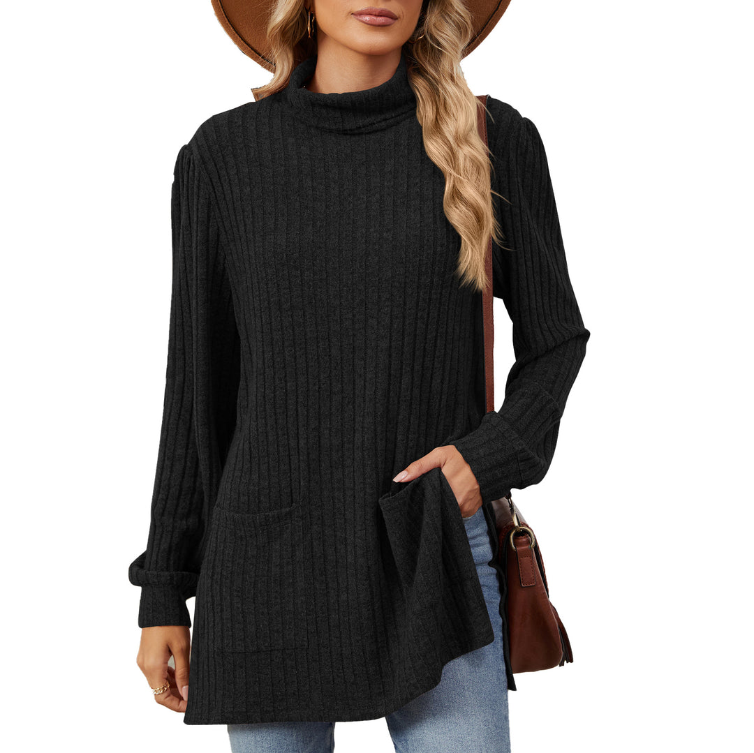 Ladies elegant top in structured knit with high collar and side pockets Lune London