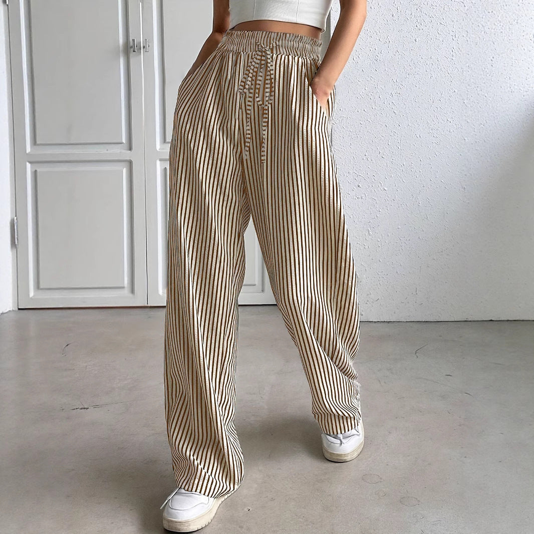 Wide striped pants for women with elastic waist and practical pockets Lune London