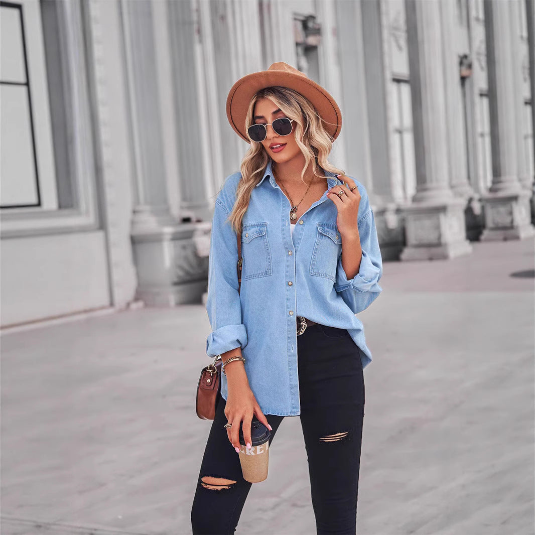 Chemise Blouse en Denim Décontractée pour Femmes avec Poches Poitrine Chic & Stil