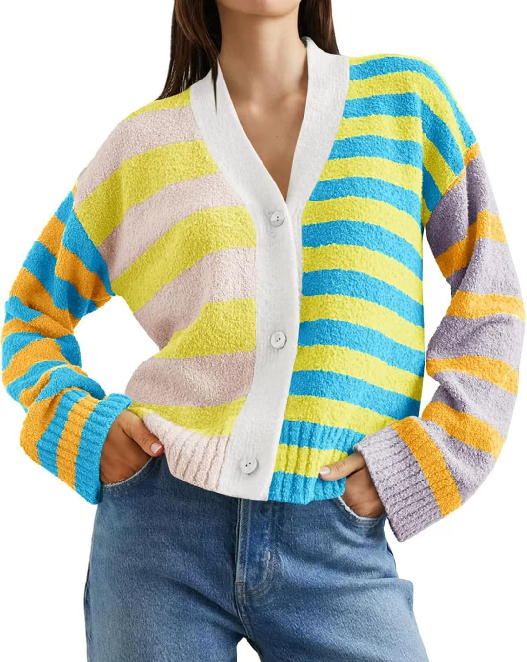 Women Striped Patterned Vest with Colorful Stripe Pattern and Chic Button Details