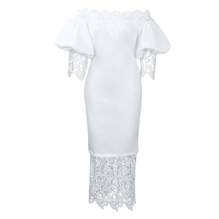 Maxi off-shoulder dress for women with lace accents and a flattering silhouette for Lune London