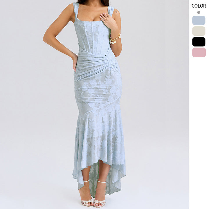 Elegant Boat Neck Maxi Dress for Women with Floral Texture and Chic Asymmetric Hem
