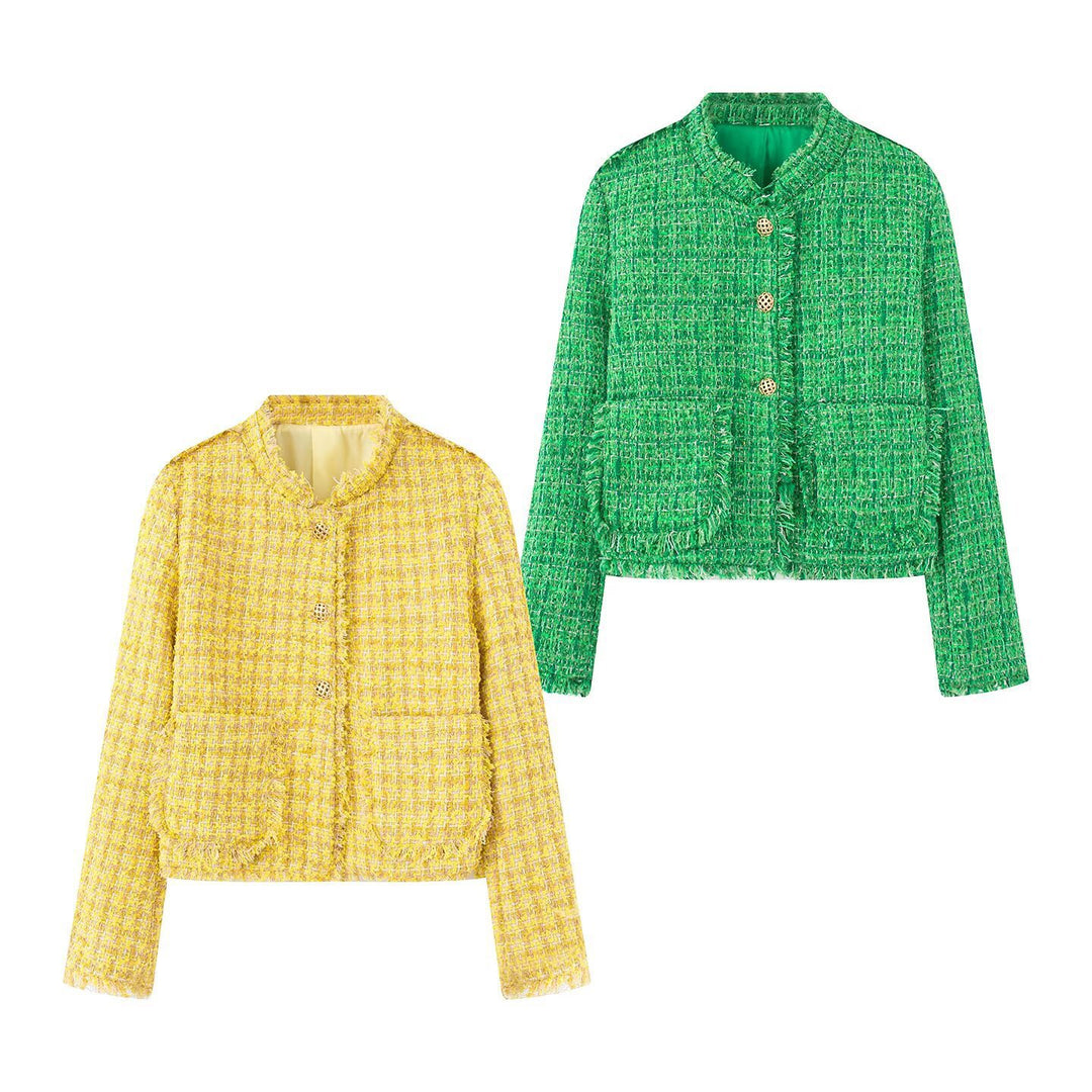 Elegant tweed jacket for women with fringes and luxurious buttons Lune London