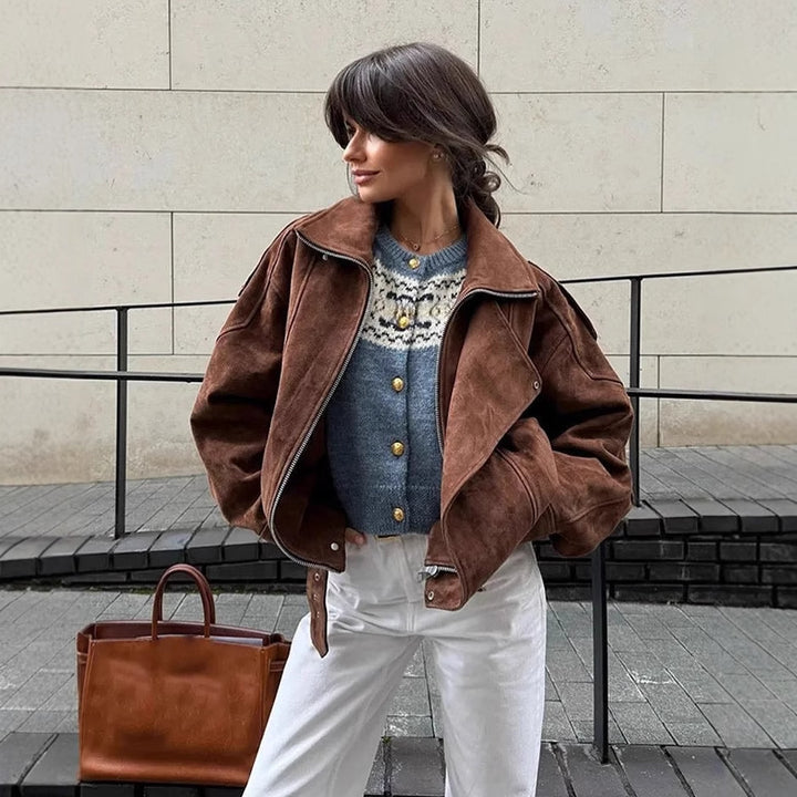 Oversized faux leather jacket for women with an elegant collar and an adjustable drawstring waist Lune London