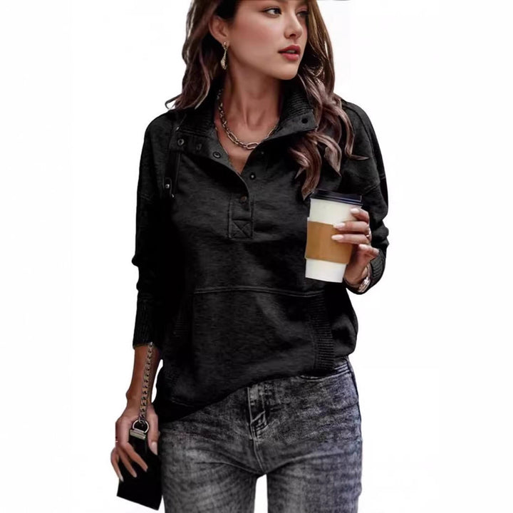 Vintage style women's sporty sweater with high collar and snap buttons Lune London