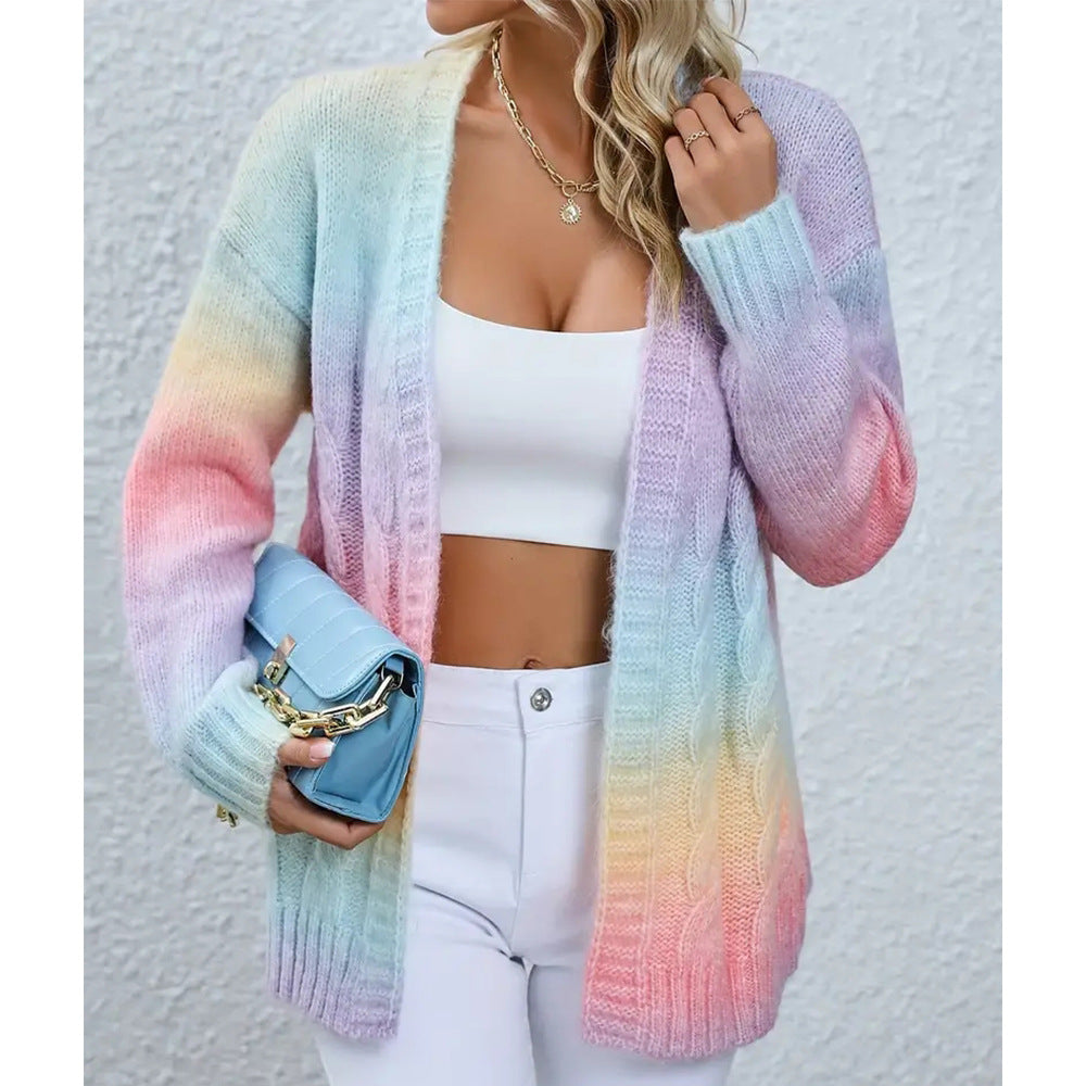 Women's casual knit cardigan with gradient colors and open edges Chic and Style
