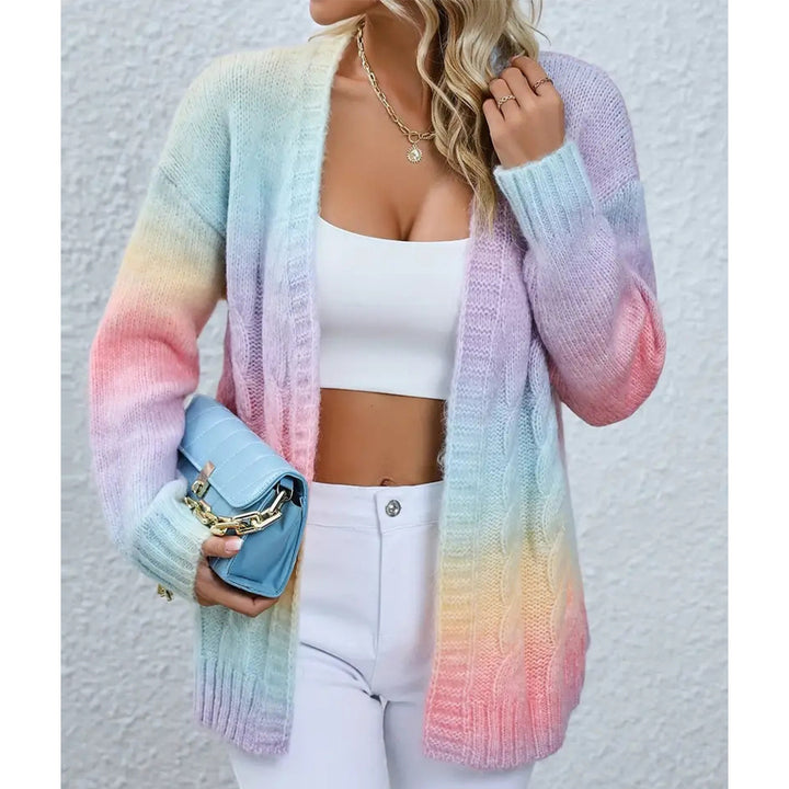 Women's casual knit cardigan with gradient colors and open edges Chic and Style